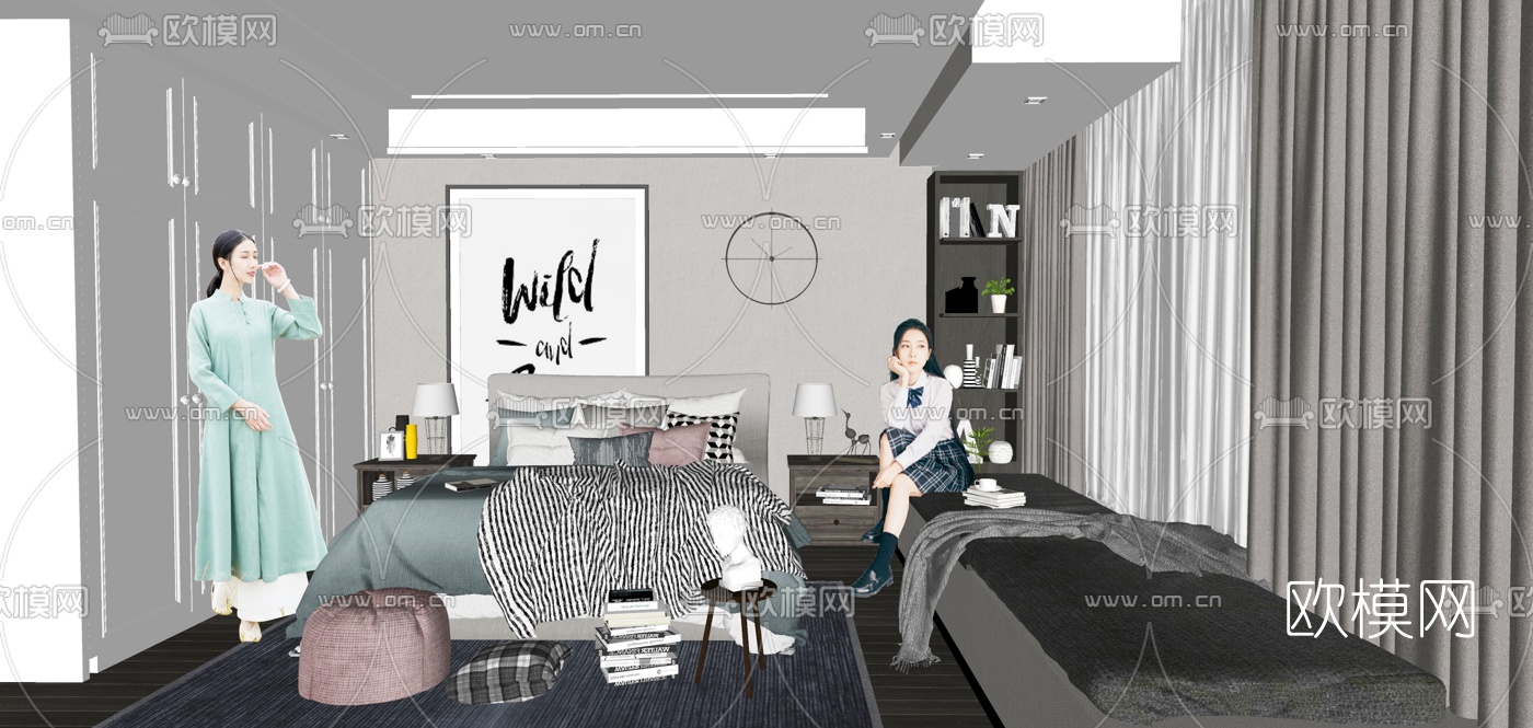 北欧卧室su模型下载