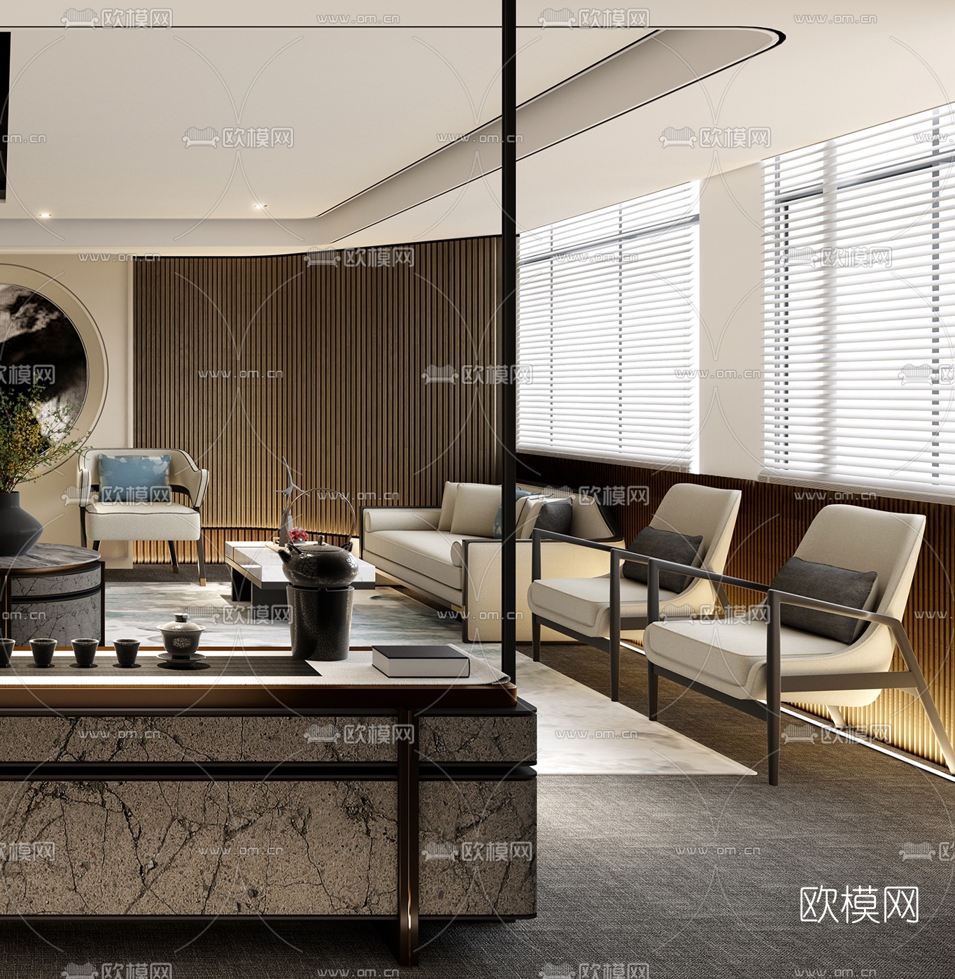 新中式酒店接待室3d模型下载（渲染图3）