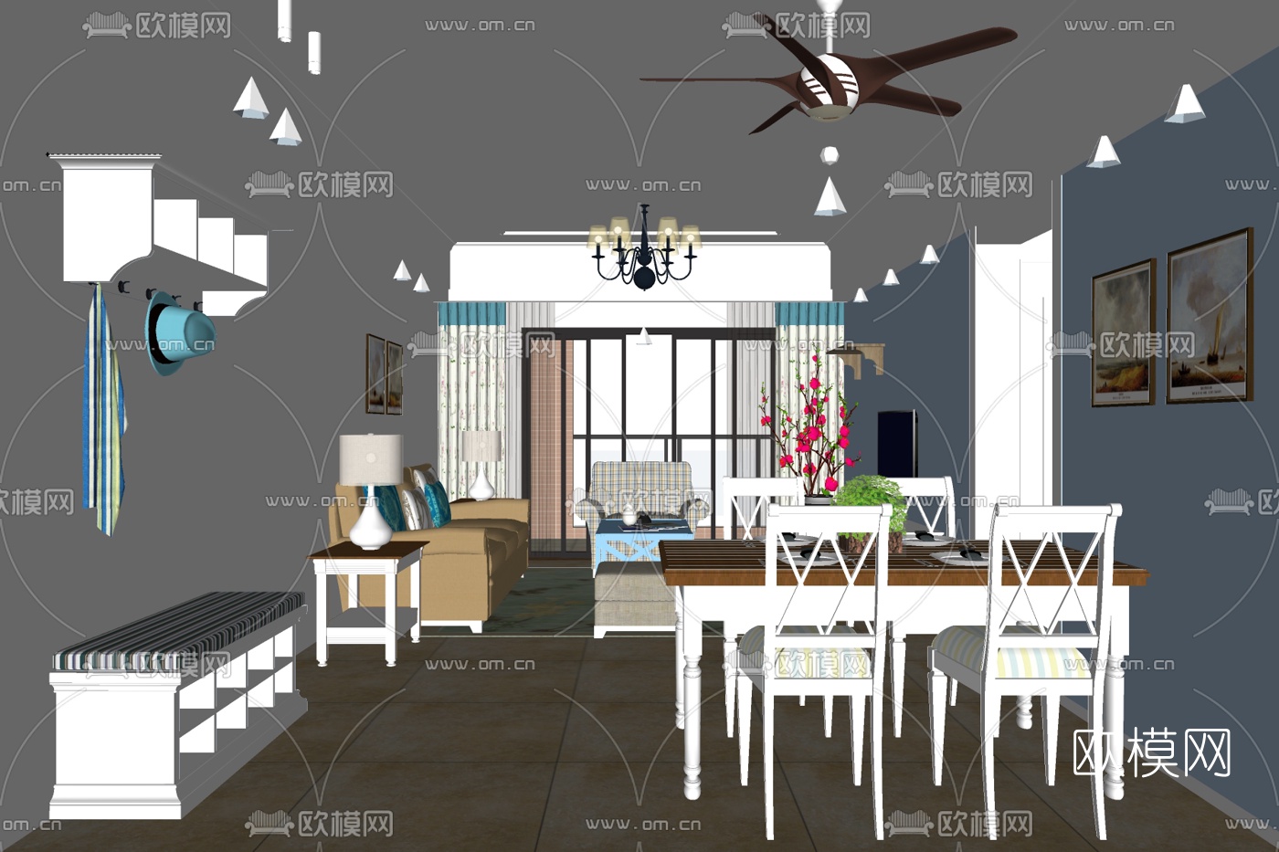 地中海公寓客厅su模型下载