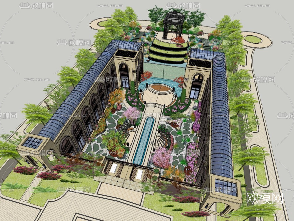 简欧高层住宅楼鸟瞰su模型下载（渲染图1）