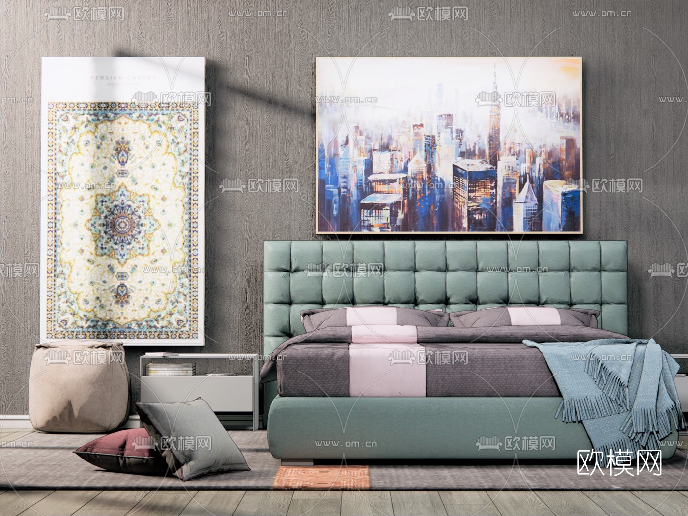 简欧EN材质双人床su模型下载（渲染图1）