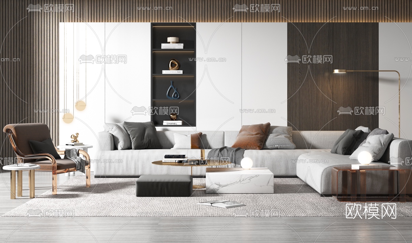 现代布艺转角沙发组合3d模型下载