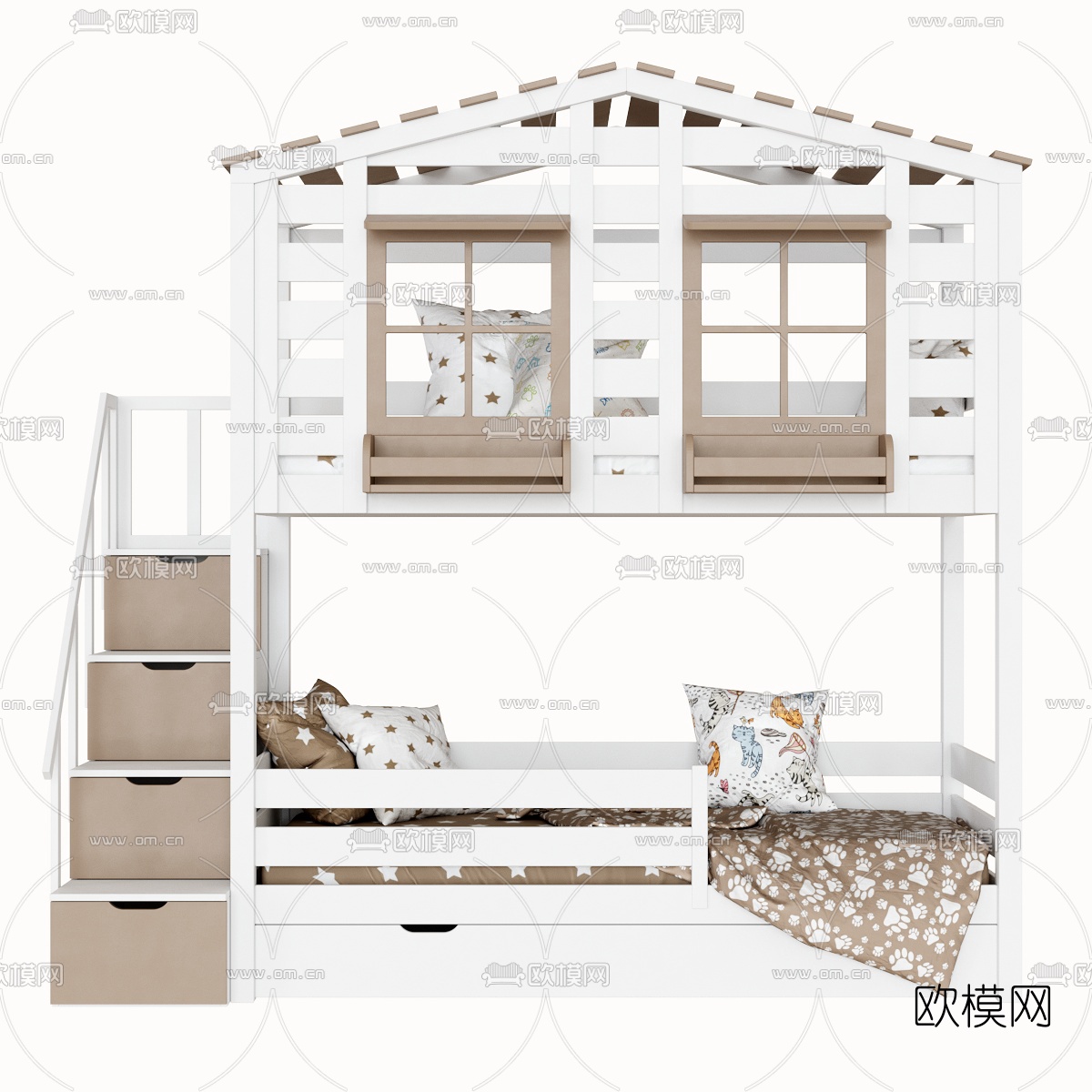 现代上下铺儿童床3d模型下载（渲染图2）