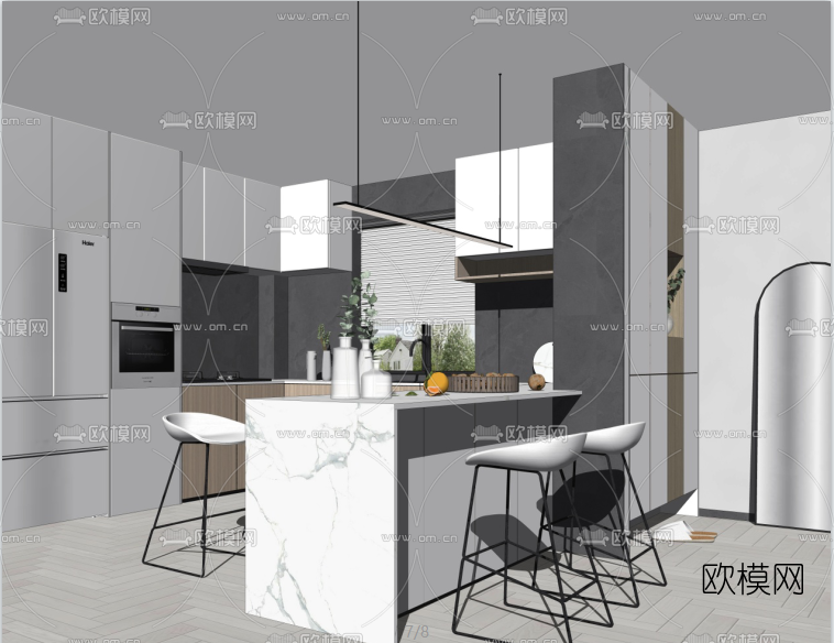 北欧餐厅吧台厨房su模型下载