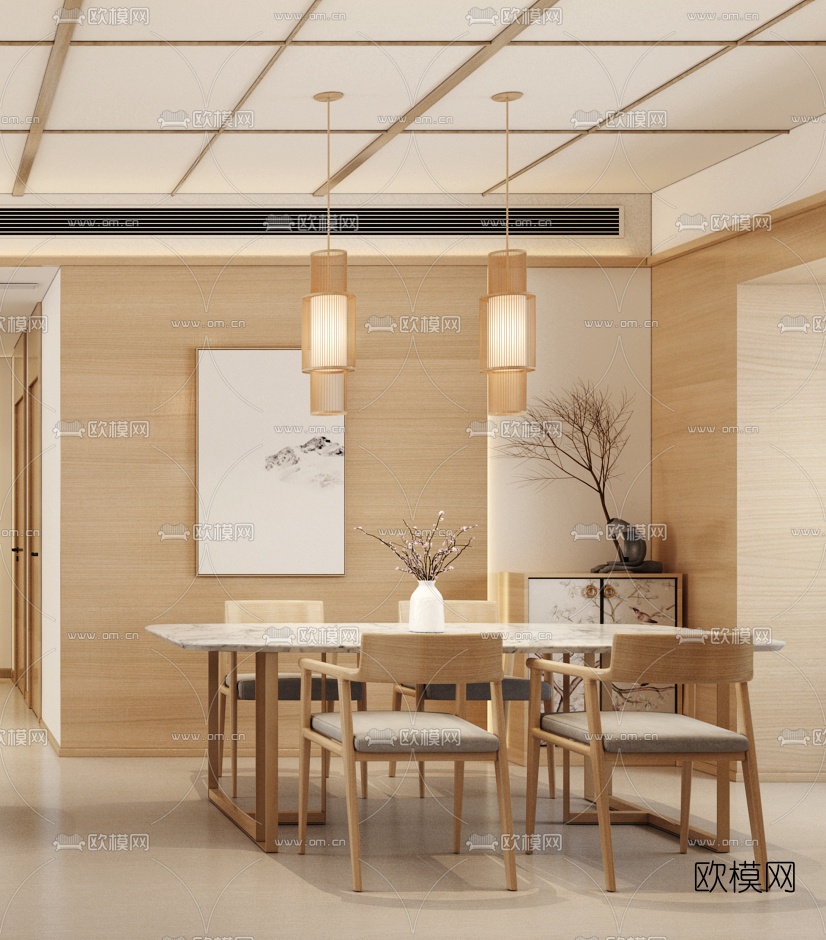 日式客厅餐厅3d模型下载（渲染图2）