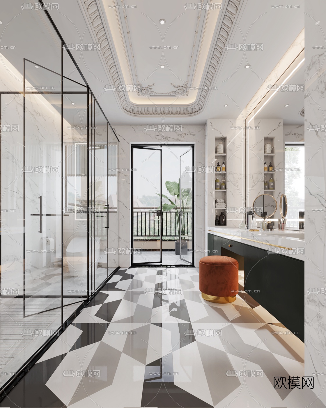 简欧衣帽间卫生间过道3d模型下载（渲染图3）