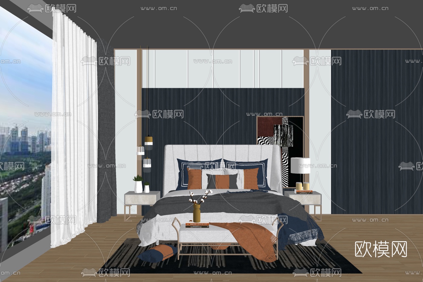 现代布艺双人床免费su模型下载