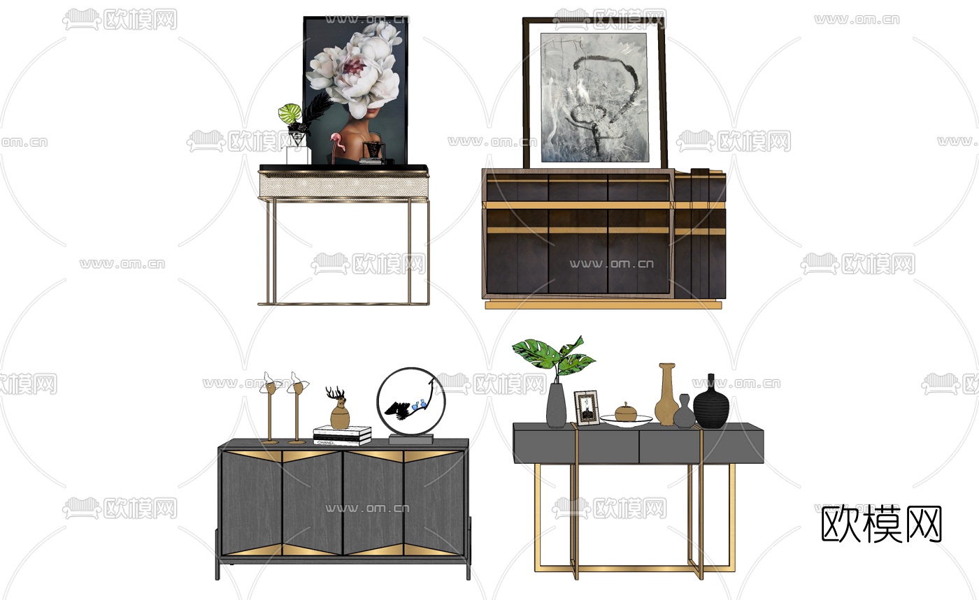 现代轻奢玄关端景台su模型下载