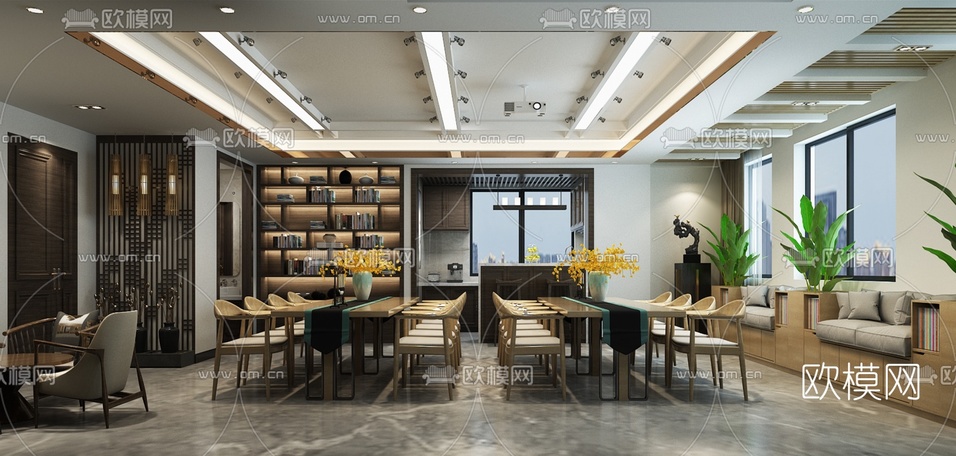 新中式办公休息区免费3d模型下载(渲染图1)