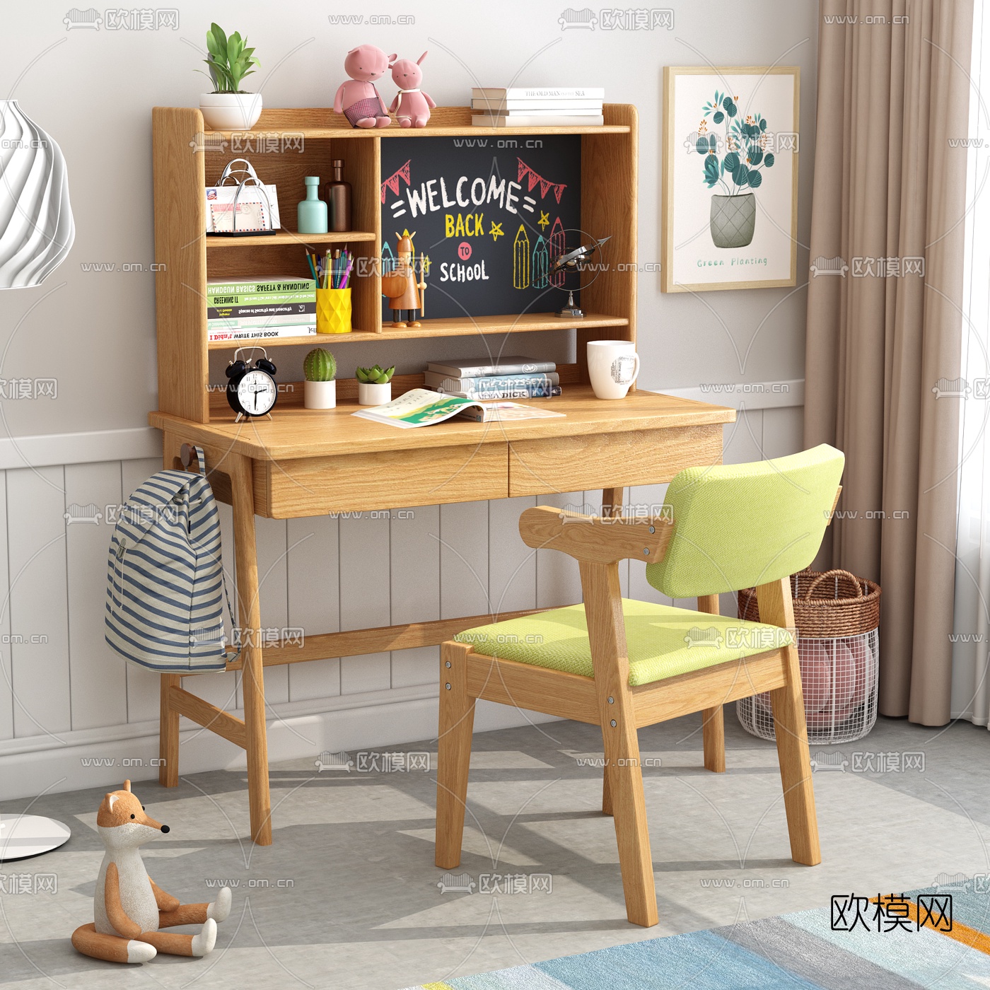 北欧儿童书桌椅3d模型下载（渲染图1）