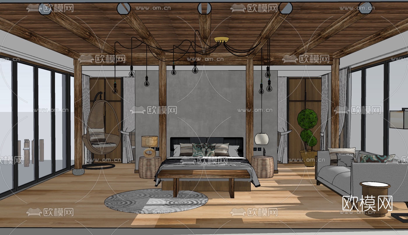 自然风民宿酒店套房su模型下载（渲染图1）