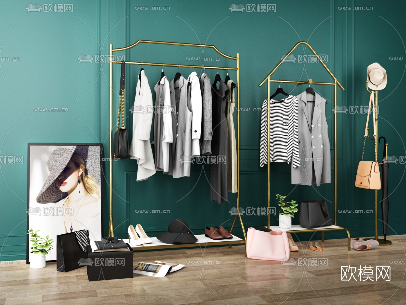 现代轻奢女装衣架货架3d模型下载