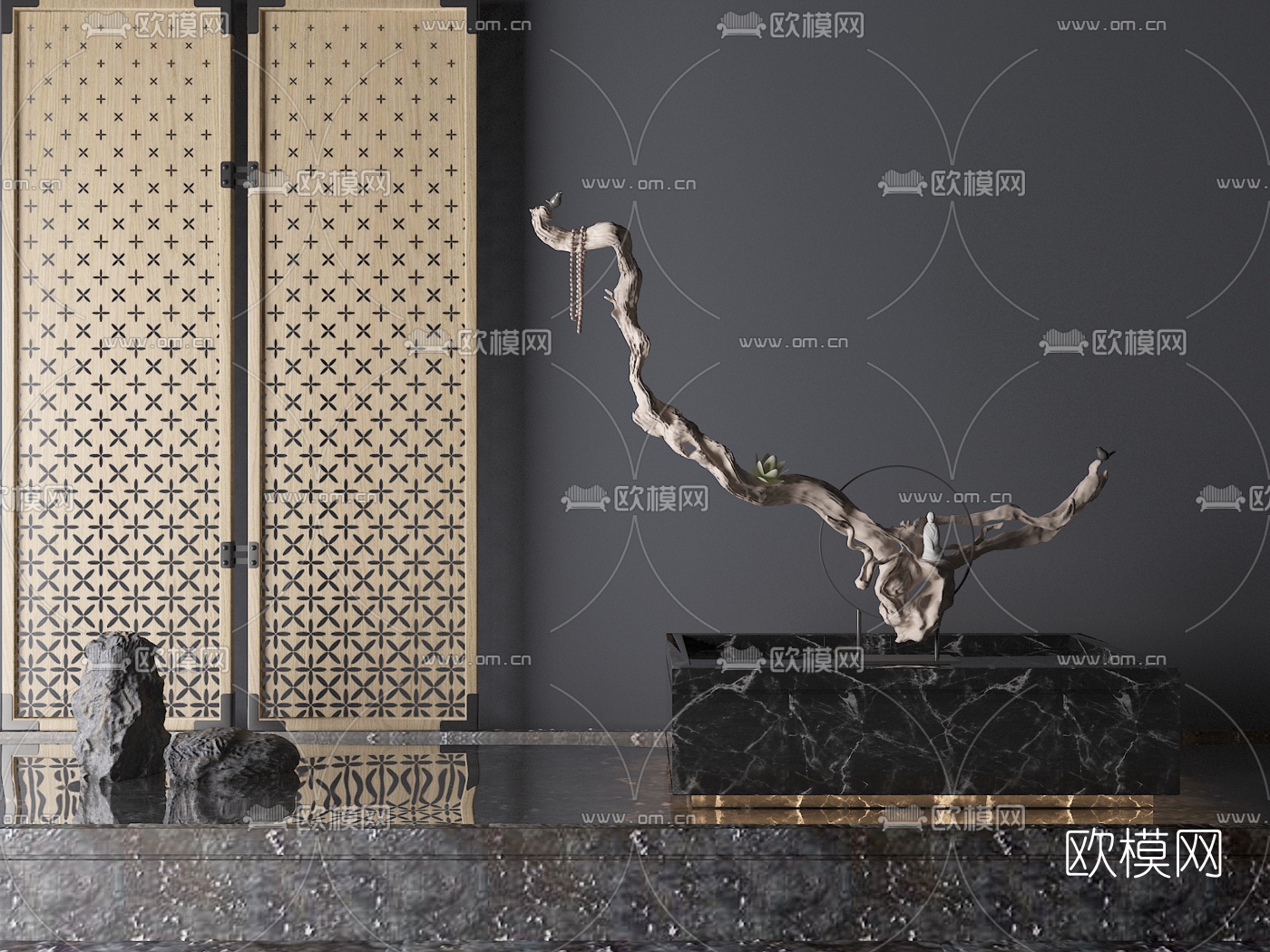 新中式木根雕塑摆件3d模型