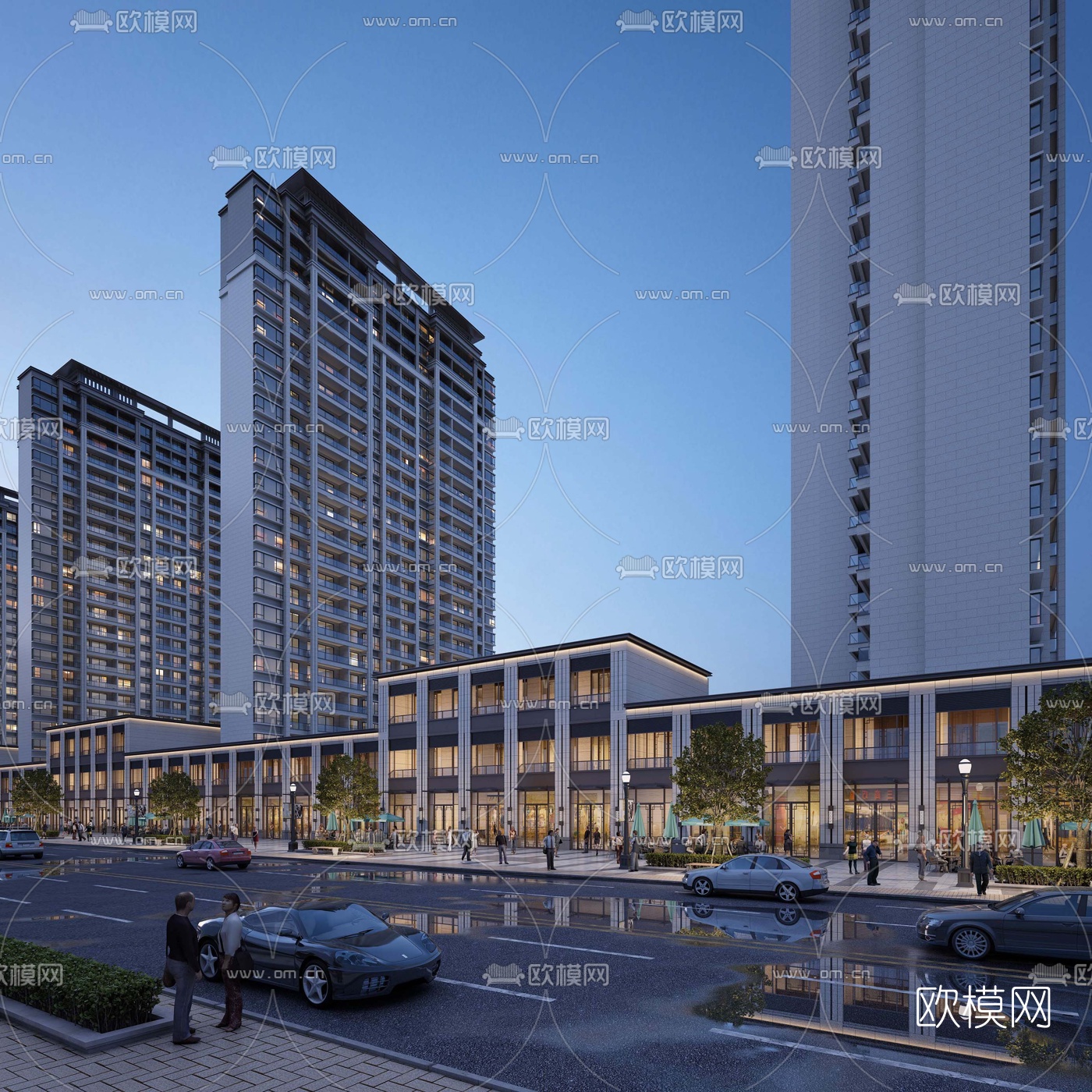 现代商住楼外观夜景3d模型下载