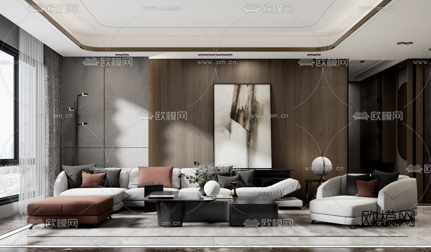 现代轻奢客厅su模型下载（渲染图1）