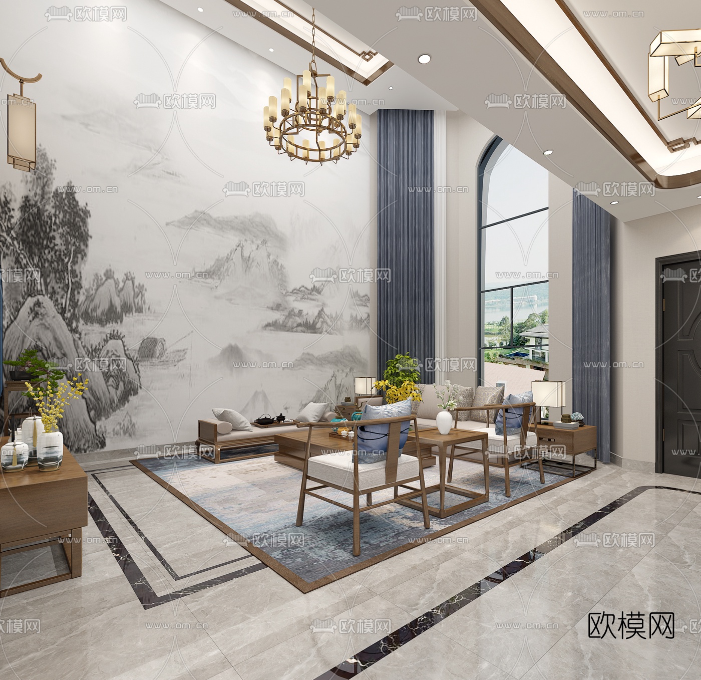 新中式别墅客厅茶室免费3d模型