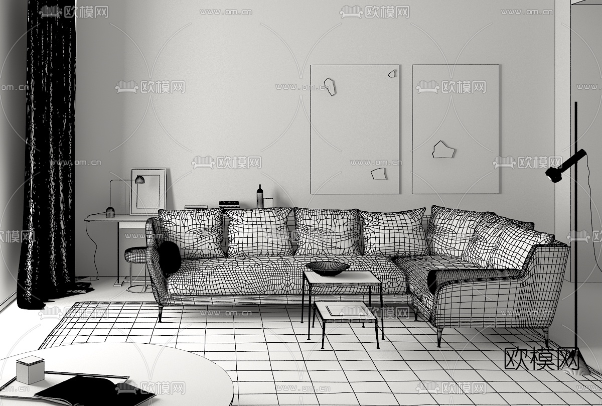 意大利B&BItalia品牌 现代布艺转角沙发茶几3D模型下载（渲染图2）