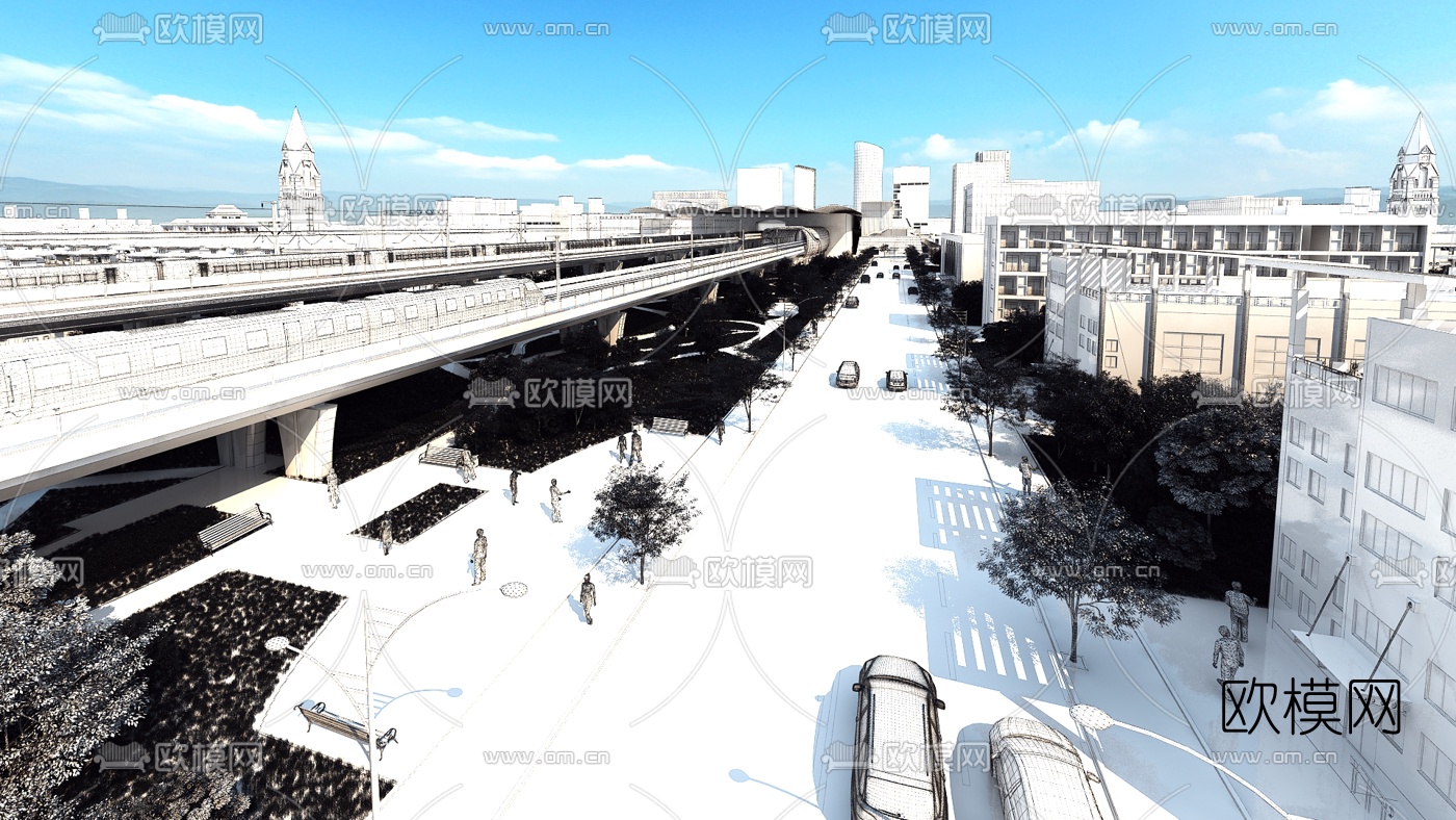 现代有轨电车站台鸟瞰3d模型下载（渲染图2）