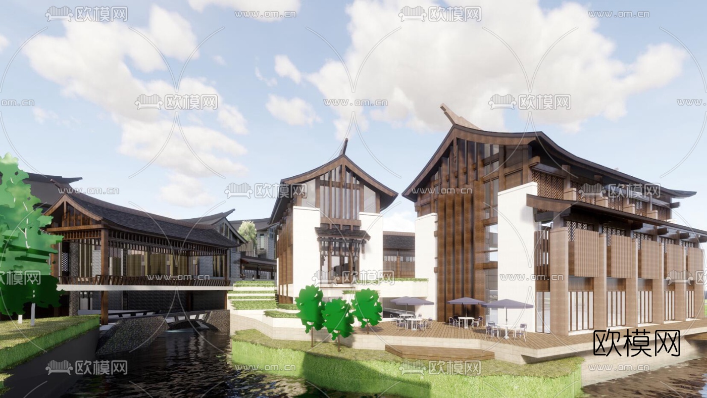 新中式旅游度假小镇外观su模型下载（渲染图5）
