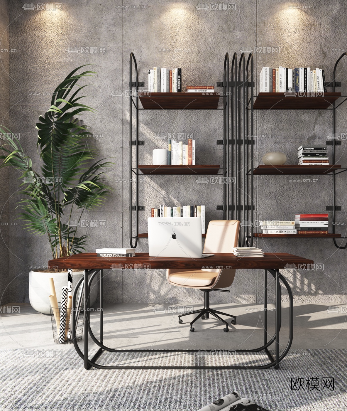 工业风实木书桌椅su模型下载（渲染图2）