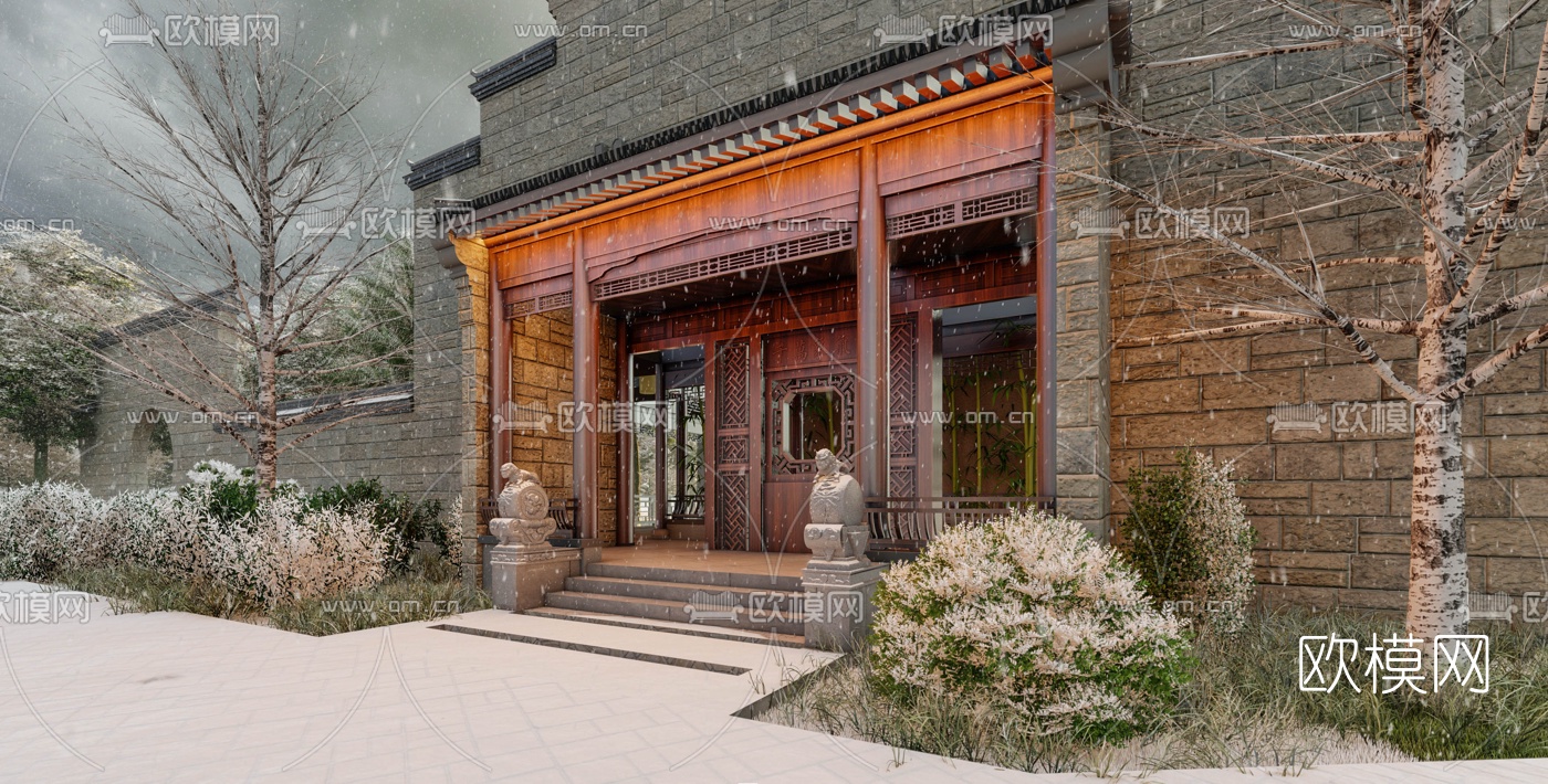 中式古建门头景观su模型下载（渲染图2）