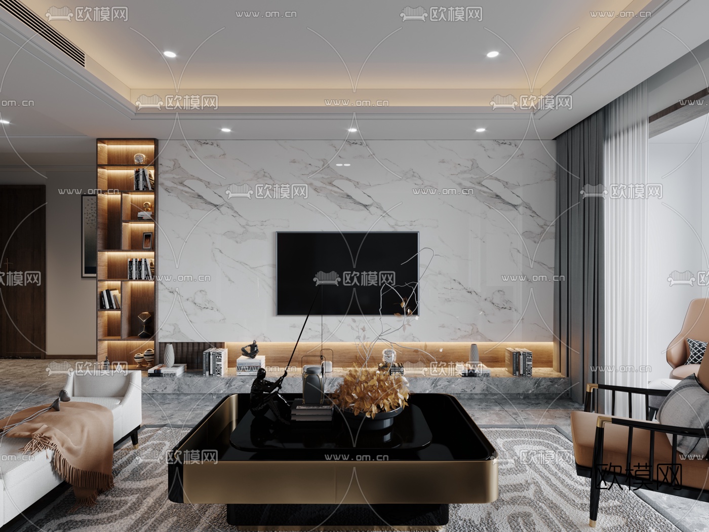 现代轻奢客厅餐厅厨房3d模型下载（渲染图4）