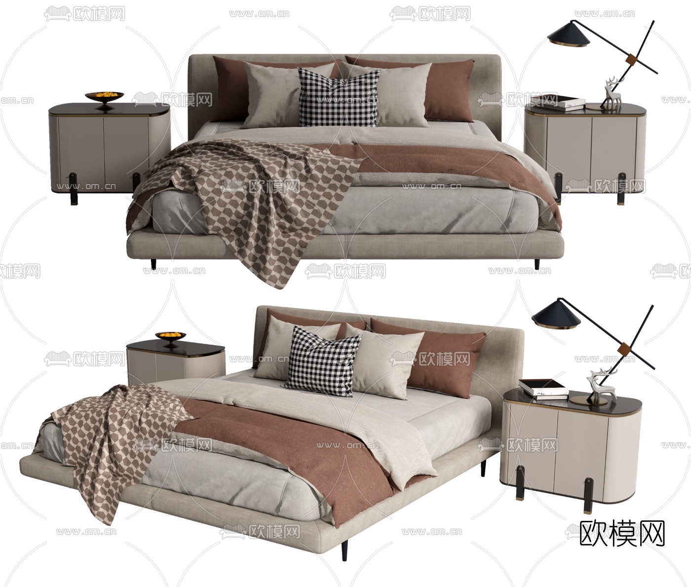 现代布艺双人床su模型下载（渲染图1）