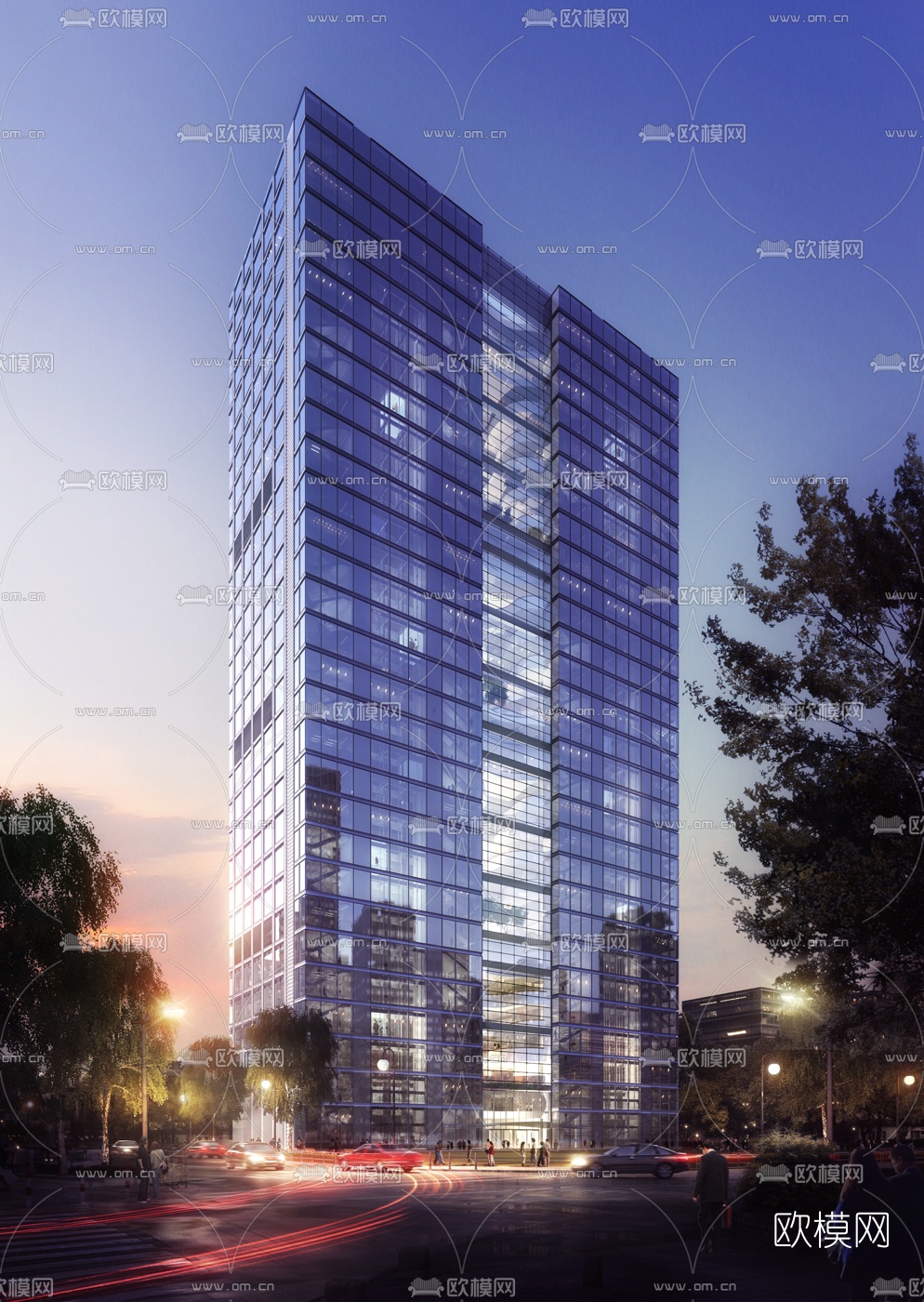 现代高层办公楼建筑外观夜景3d模型下载