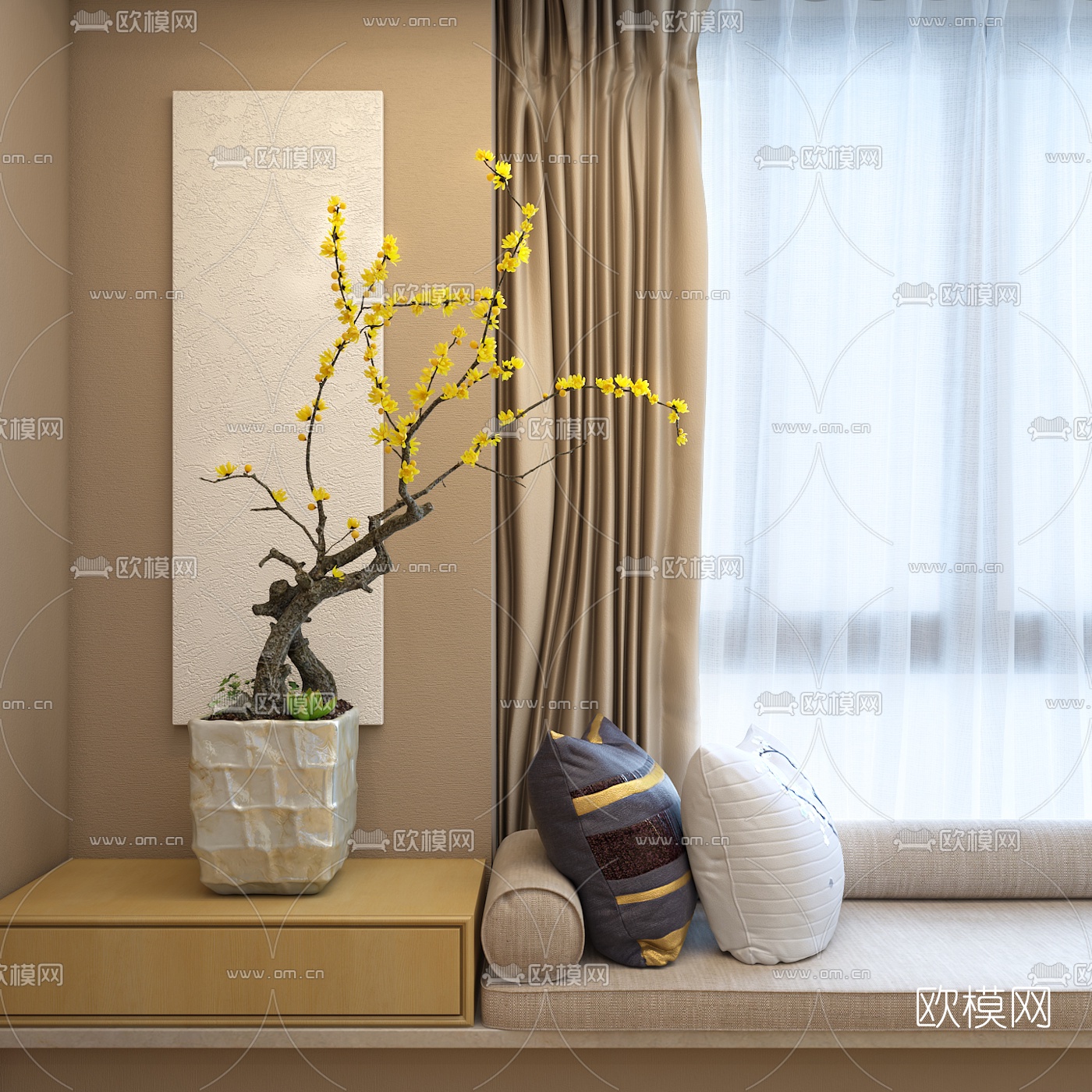 新中式腊梅盆栽3d模型下载（渲染图1）