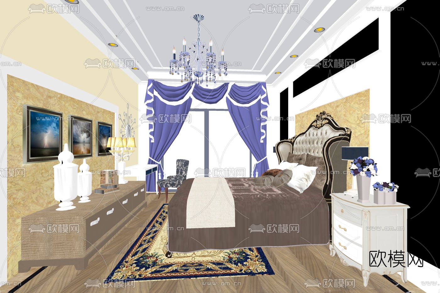 欧式主人房卧室su模型下载