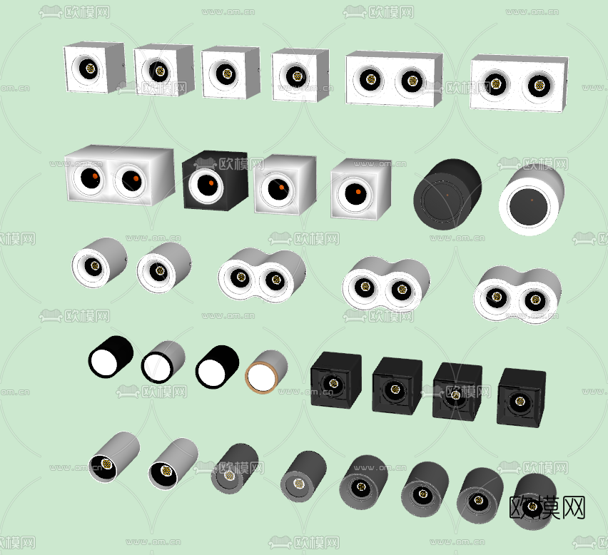 现代明装筒灯单双头射灯su模型下载（渲染图2）