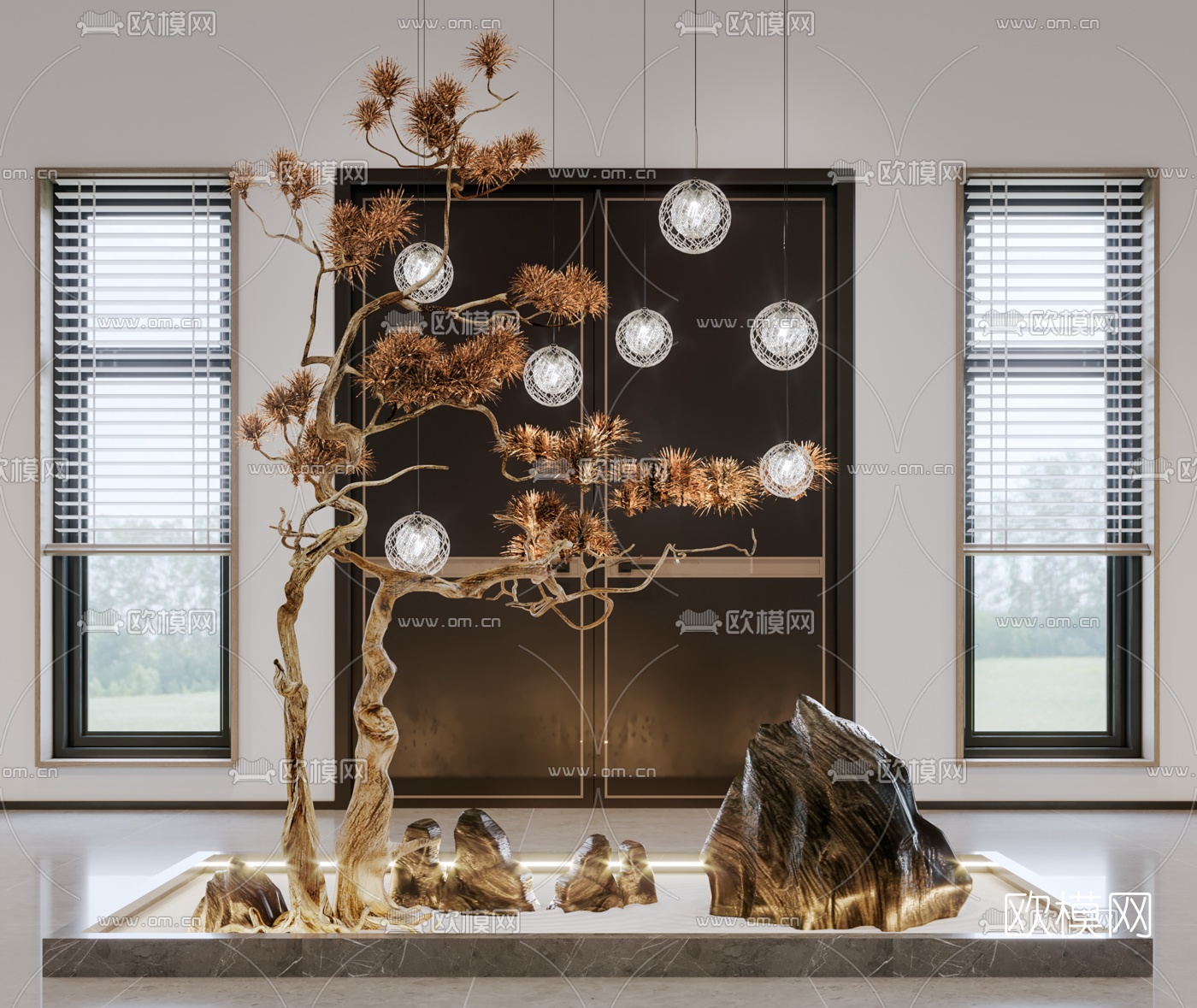 新中式松树假山景观小品3d模型下载