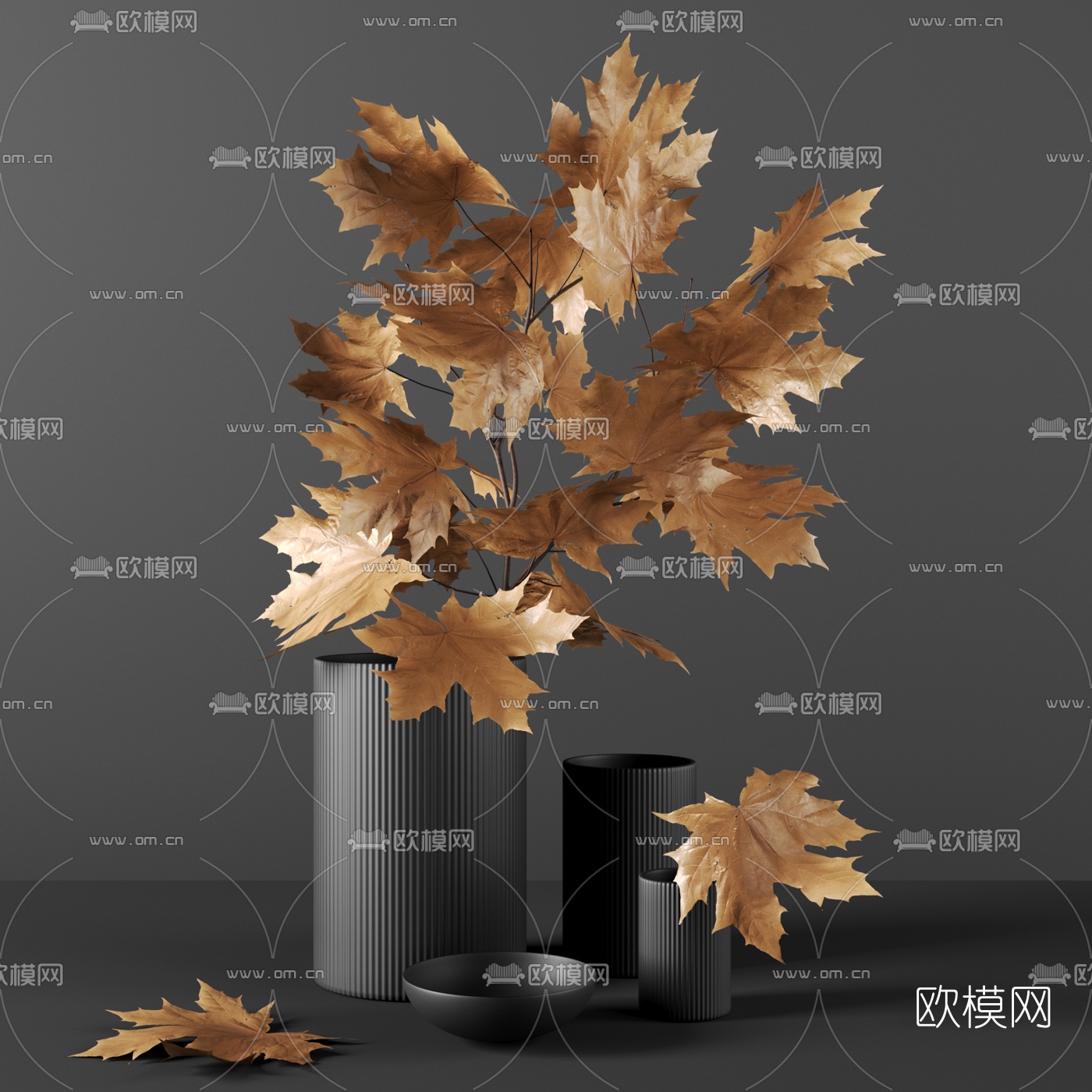 现代枫叶花瓶3d模型下载（渲染图1）