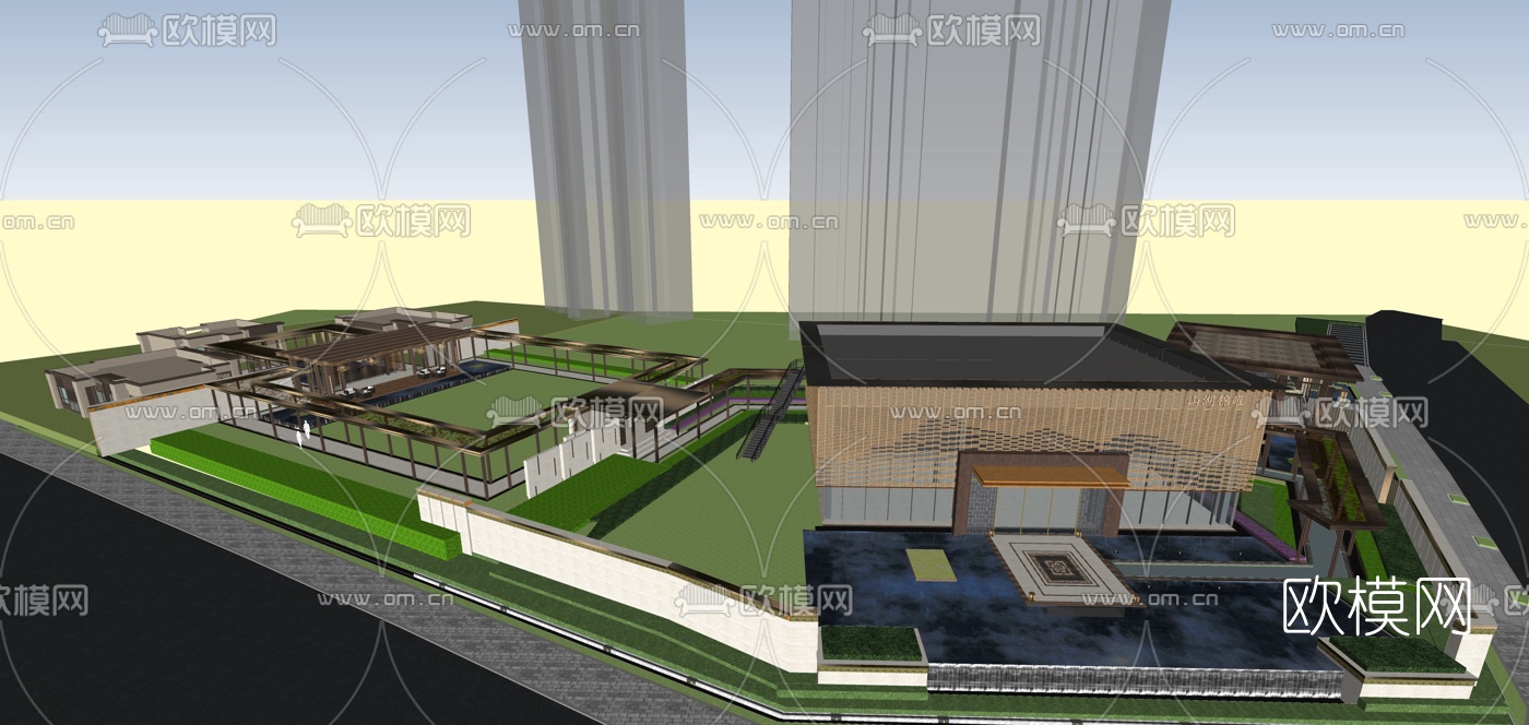 新中式售楼处外观su模型下载（渲染图4）