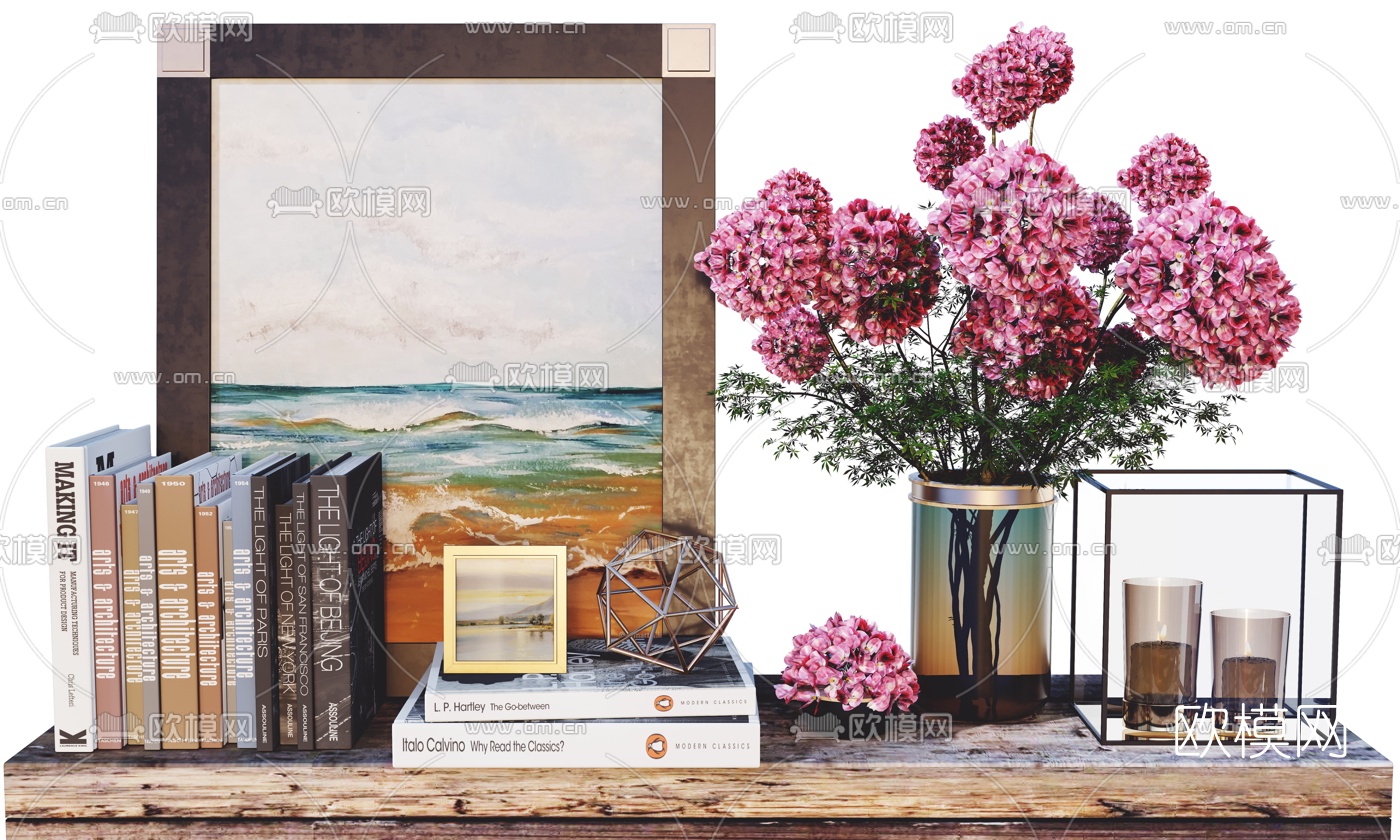 北欧花瓶花艺书籍摆件3d模型下载（渲染图1）