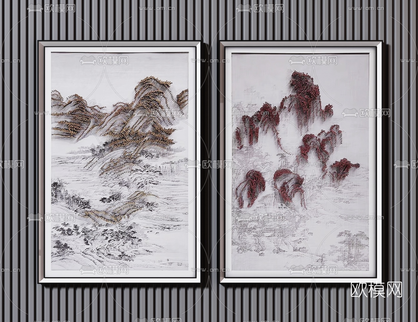 新中式水墨山水挂画3d模型