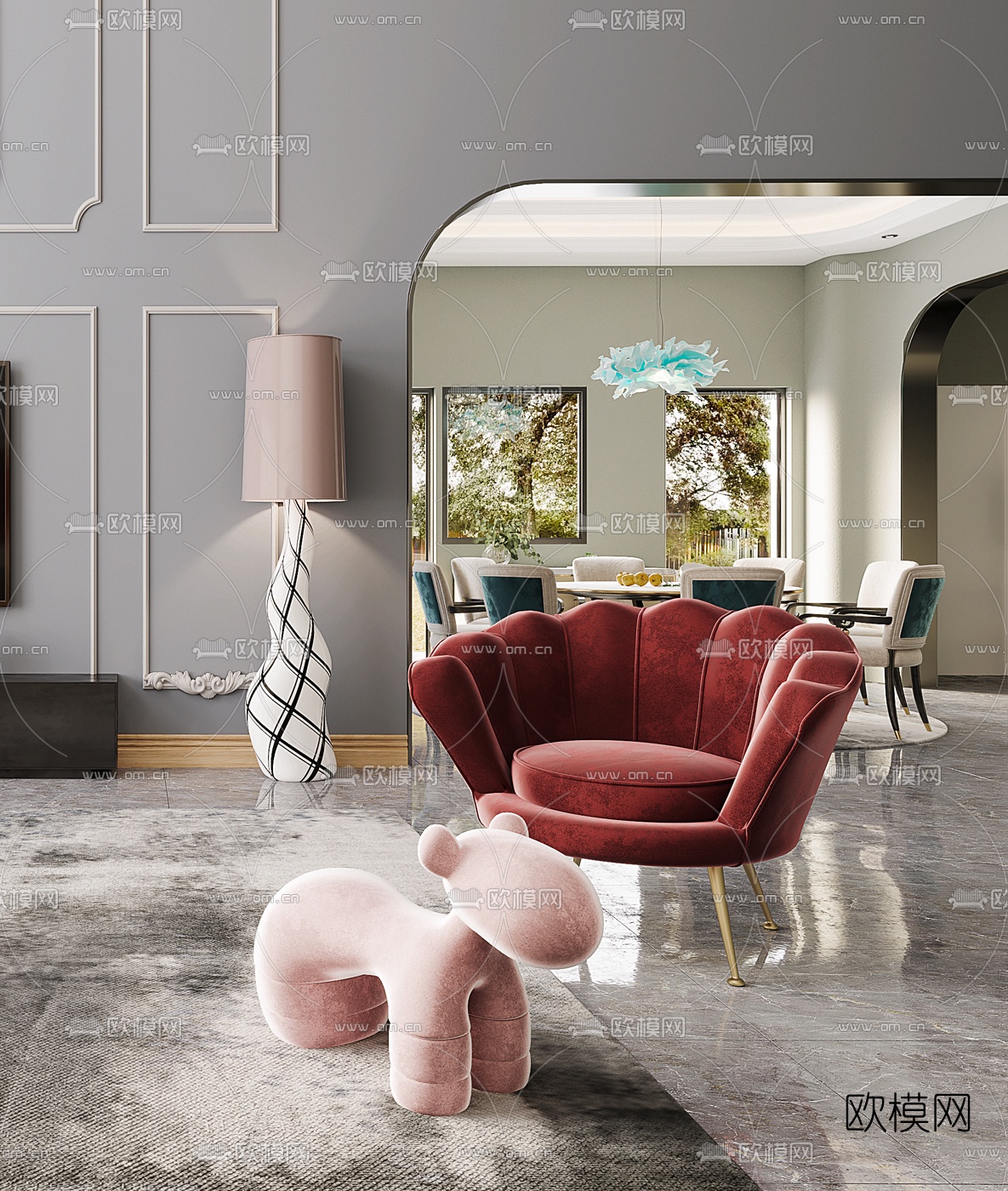 美式别墅客厅餐厅3d模型下载（渲染图3）