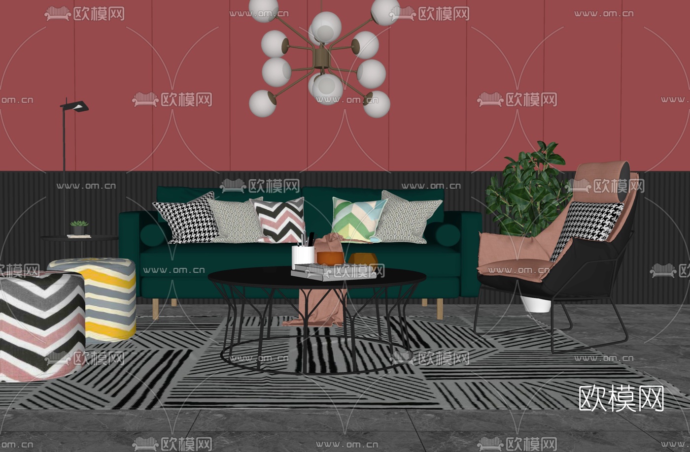 北欧布艺组合沙发su模型下载