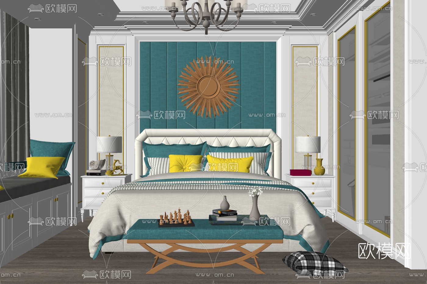 简欧布艺双人床免费su模型下载