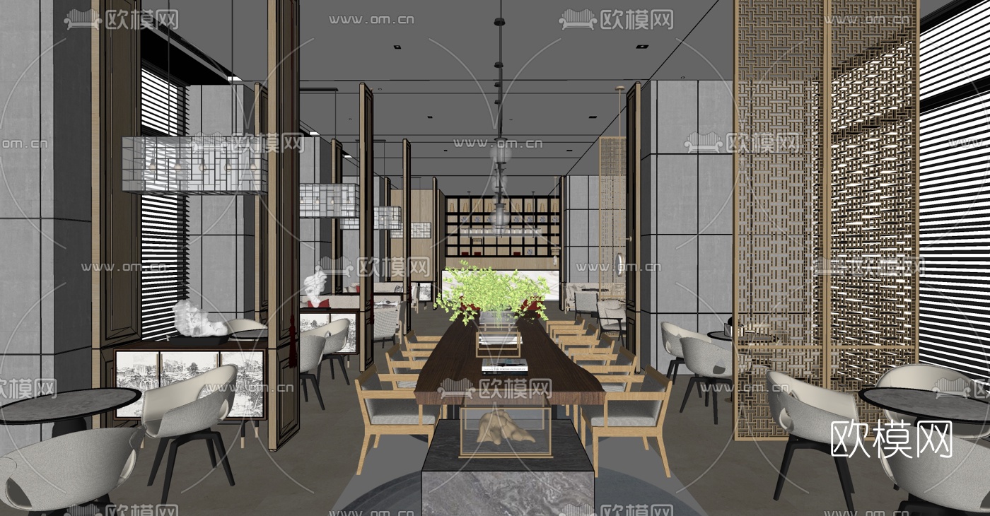 新中式酒店餐厅大堂吧su模型下载（渲染图1）
