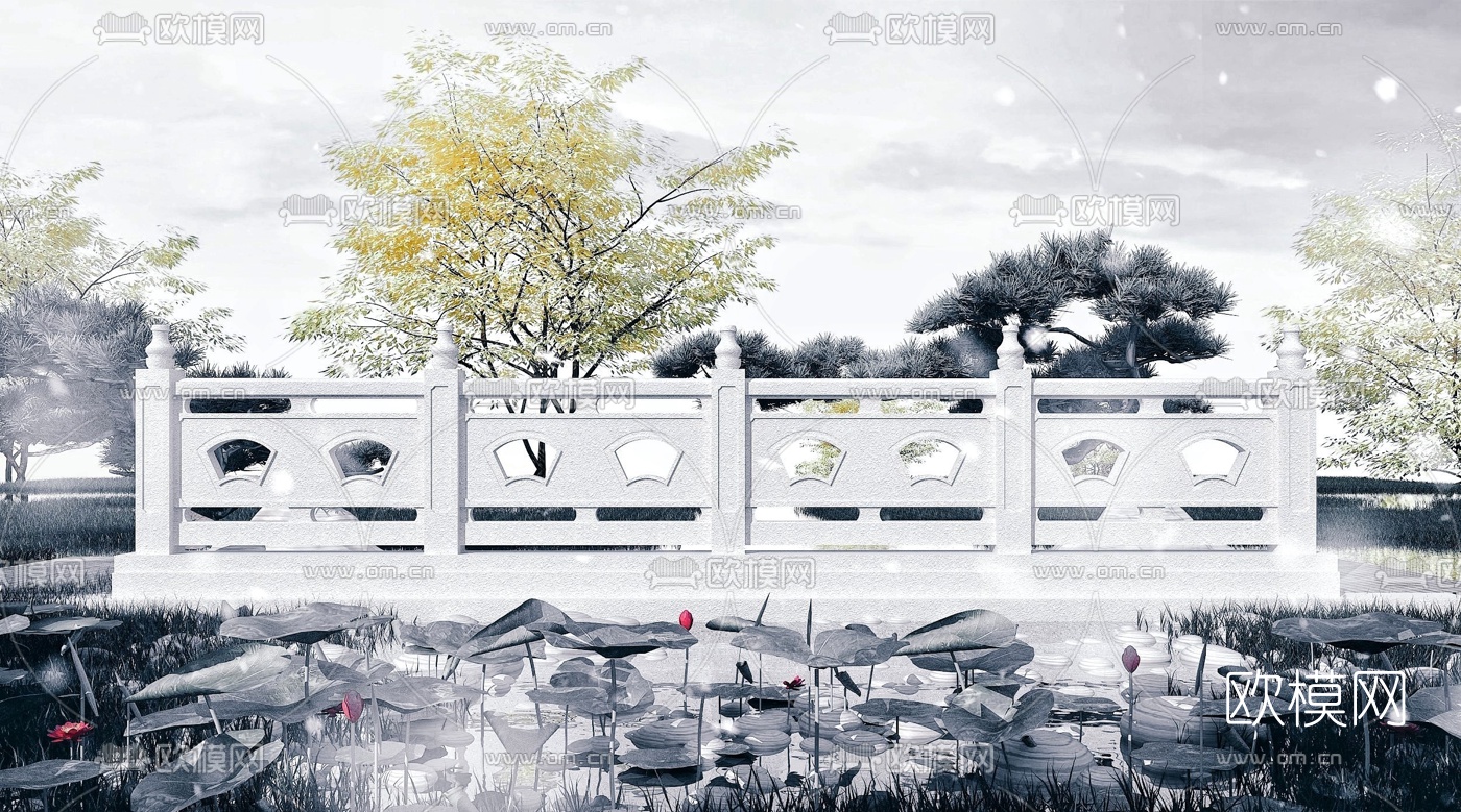 中式荷花池石栏杆围栏护栏3d模型