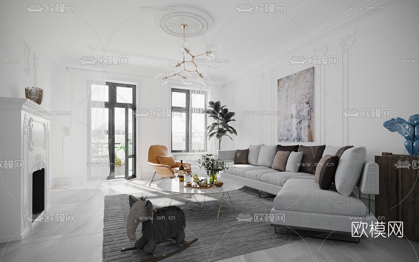 简欧弧形沙发组合3d模型下载（渲染图1）