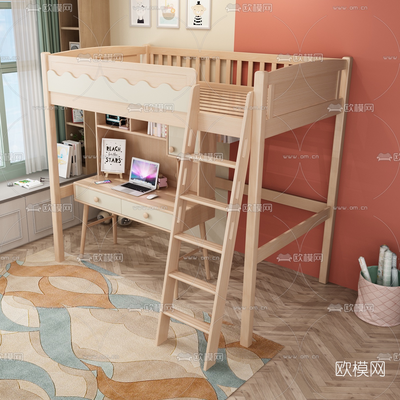北欧原木儿童床书桌3d模型下载（渲染图2）