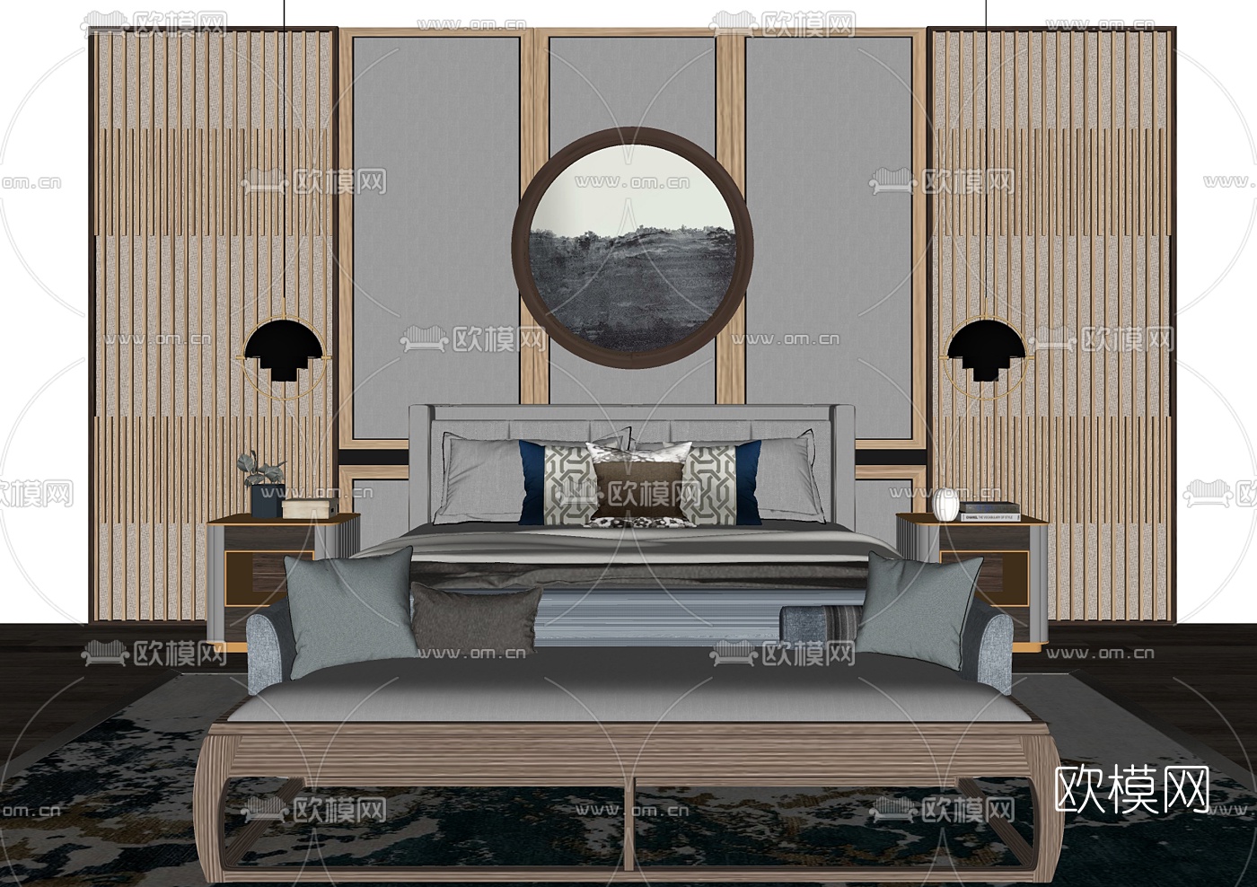 新中式布艺双人床su模型下载（渲染图2）