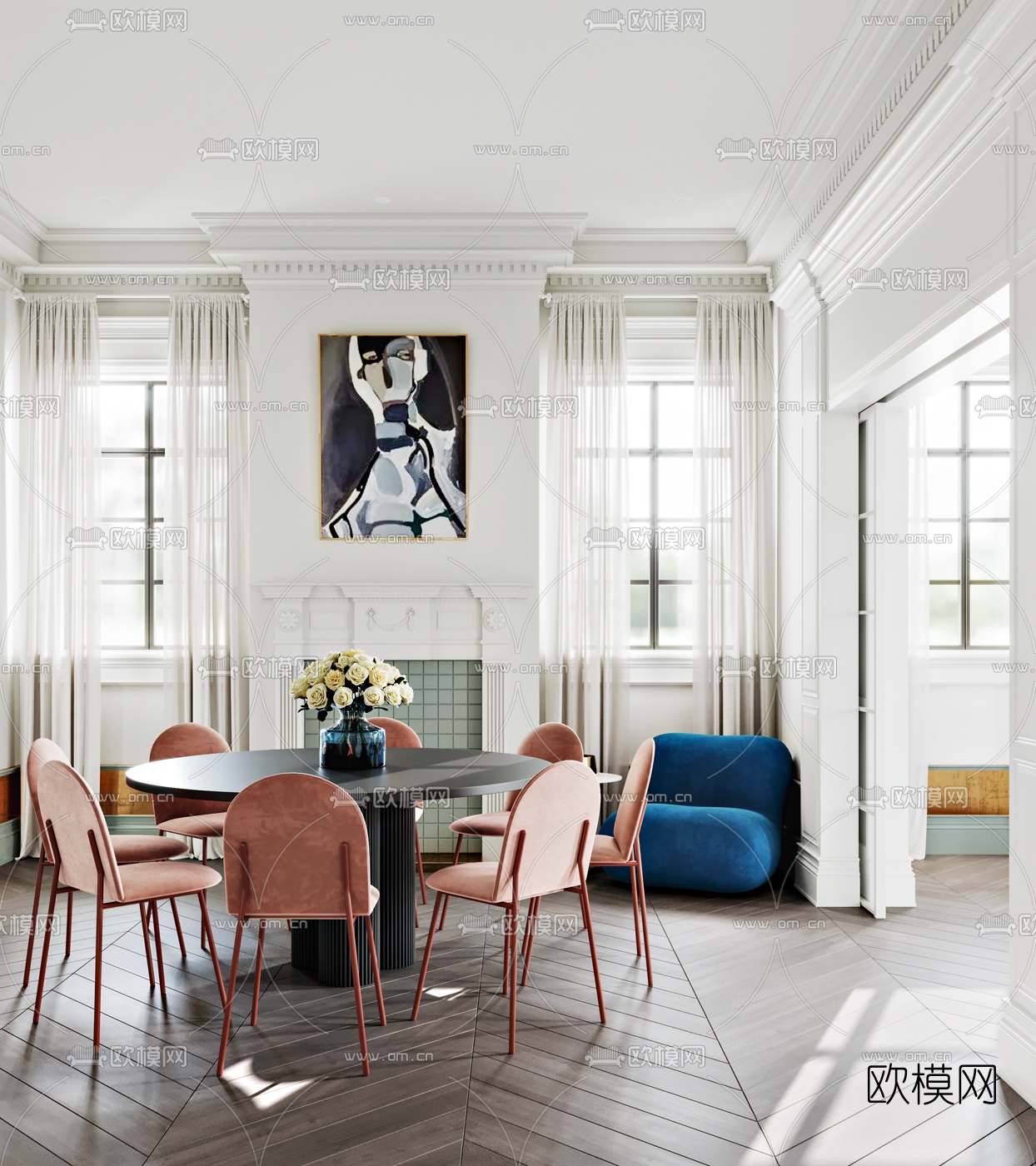简欧混搭客厅餐厅3d模型下载（渲染图6）