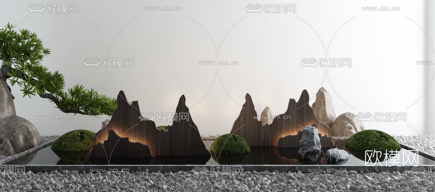 新中式庭院水池木山小品3d模型