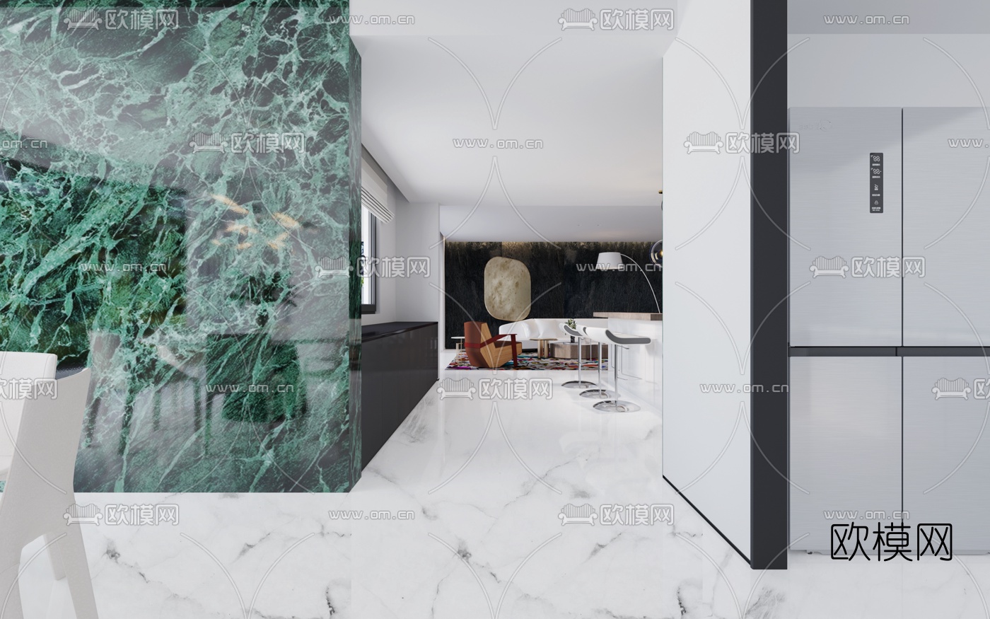 后现代简约客厅餐厅3d模型下载（渲染图3）