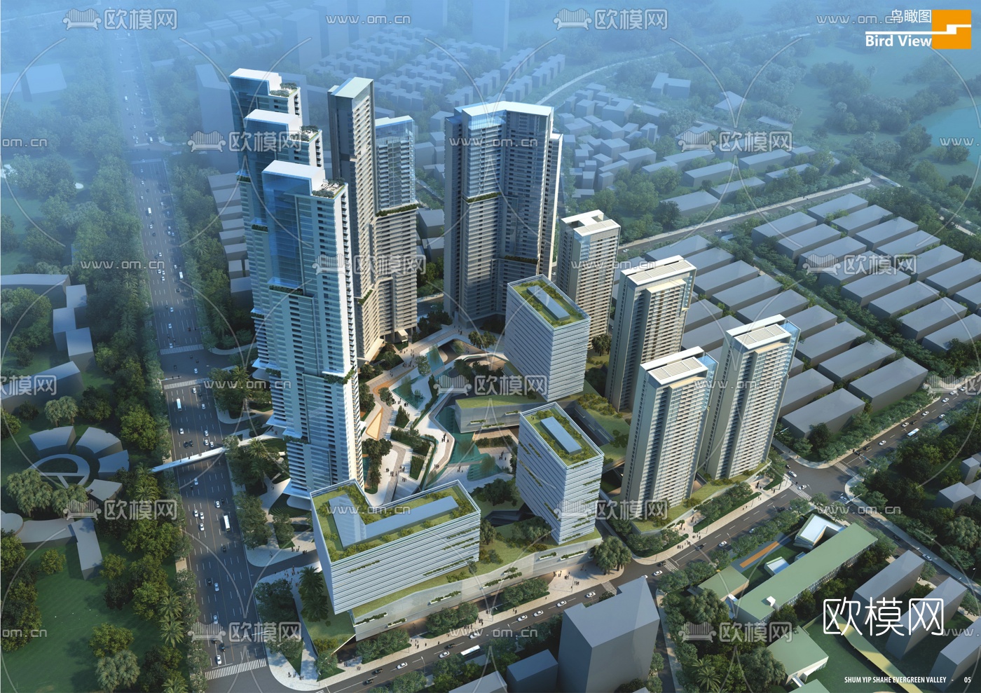 现代办公园区鸟瞰su模型下载（渲染图1）