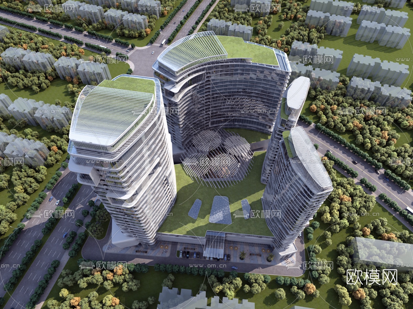 现代办公楼商业市中心鸟瞰3d模型