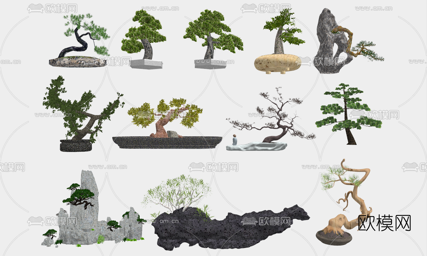 中式罗汉松迎客松景观松树盆栽su模型下载